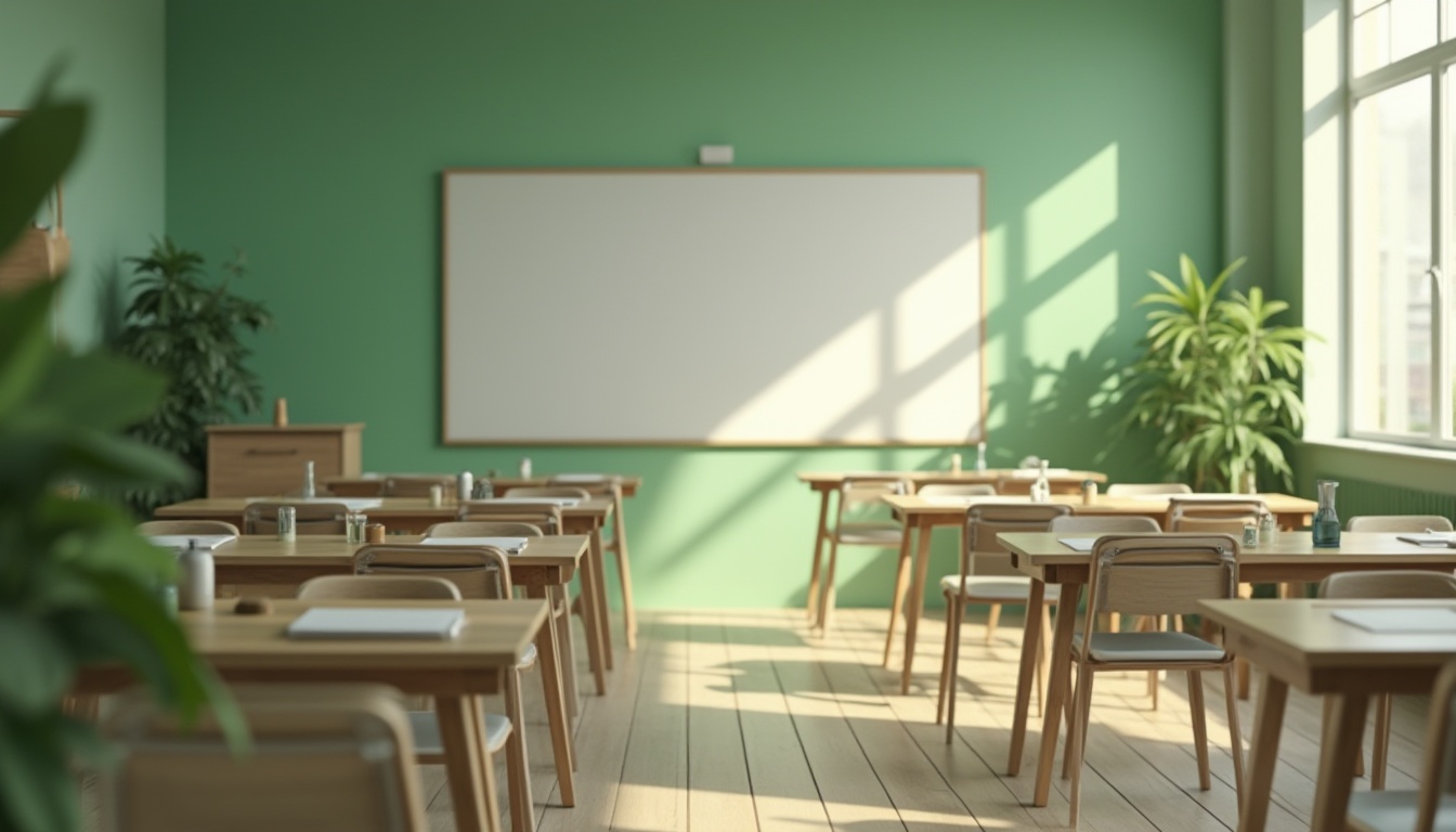 Prompt: Educational design, green color scheme, calming atmosphere, natural tone, wooden tables, metal chairs, whiteboard, chalks, books, pencils, eraser, sharpener, ruler, geometric shapes, modern architecture, minimalist interior, large windows, abundant natural light, blurred background, soft focus, shallow depth of field, vibrant green plants, subtle texture, realistic rendering, ambient Occlusion, warm lighting, cinematic composition.