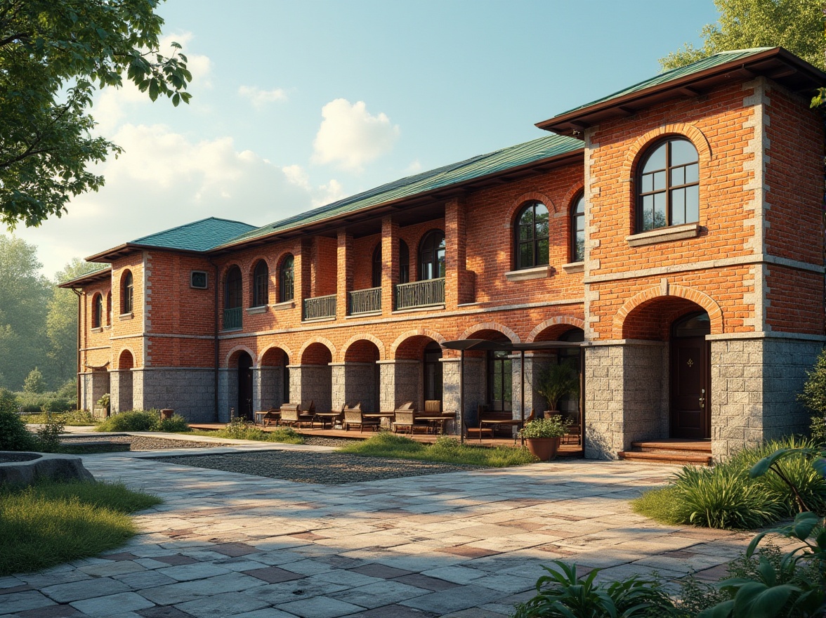 Prompt: Traditional school building, masonry material, brick red walls, stone foundation, grand entrance, concrete columns, arched windows, green roof, solar panels, lush greenery, outdoor seating area, natural light pouring in, warm and cozy atmosphere, afternoon sun casting long shadows, 3/4 composition, shallow depth of field, realistic texture, detailed structure.