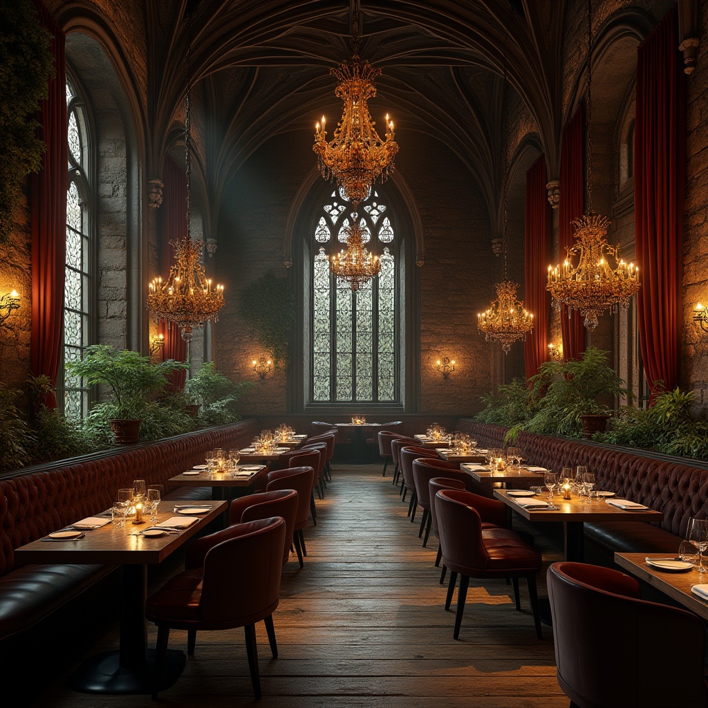 Prompt: Gothic style restaurant, grand high ceilings, stained glass windows, ornate wooden tables, velvet curtains, medieval-inspired chandeliers, stone walls with ivy, rustic wooden floors, luxurious atmosphere, dim warm lighting, dramatic shadows, sustainable materials, reclaimed wood, low-VOC paints, energy-efficient lamps, living green walls, potted plants, natural textiles, organic fabrics, earthy tones, mysterious ambiance, intimate seating areas, grand entrance doors, mystical decorations, old-world charm, romantic mood.