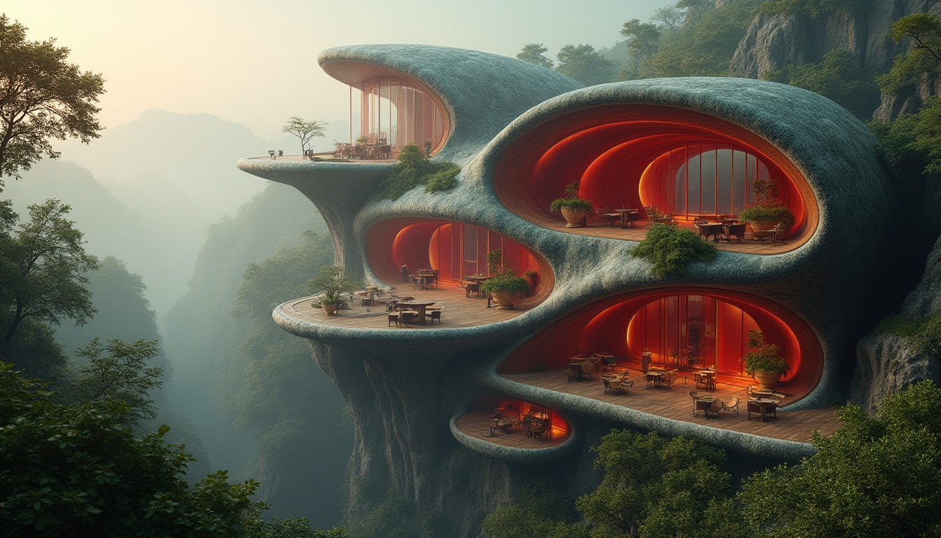 Prompt: Organic architecture, futuristic building, vibrant red accents, curved lines, natural materials, wooden beams, stone walls, greenery surroundings, misty atmosphere, warm soft lighting, dramatic high-angle shot, 3/4 composition, depth of field, HDR, cinematic mood.