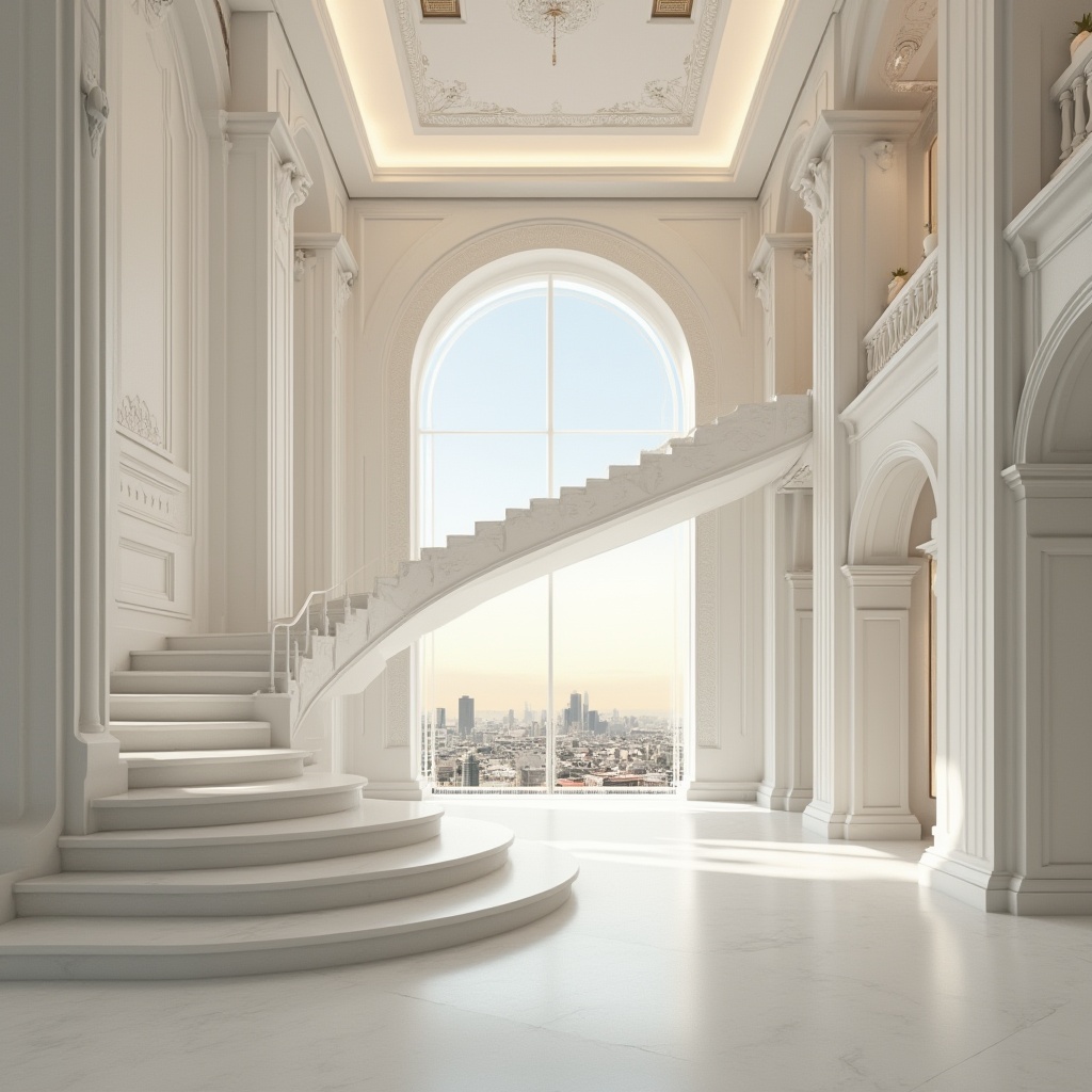 Prompt: Modern architectural interior, focus on plaster material, white, smooth, textured, decorative patterns, ornate designs, intricate details, classical columns, grand staircase, luxurious ambiance, soft warm lighting, 3/4 composition, shallow depth of field, realistic rendering, high-end residential building, urban cityscape background.