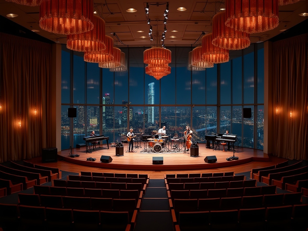 Prompt: Modern concert hall, indoor, high ceilings, grand chandeliers, elegant curtains, wooden floors, rows of seats, stage with drum sets, guitars, keyboards, music stands, microphone, sound equipment, spotlights, diverse musical instruments, jazz, rock, classical, pop, hip-hop performances, night scene, cityscape outside windows, skyscrapers, busy streets, neon lights, soft focus, shallow depth of field, warm color tone, cinematic composition.