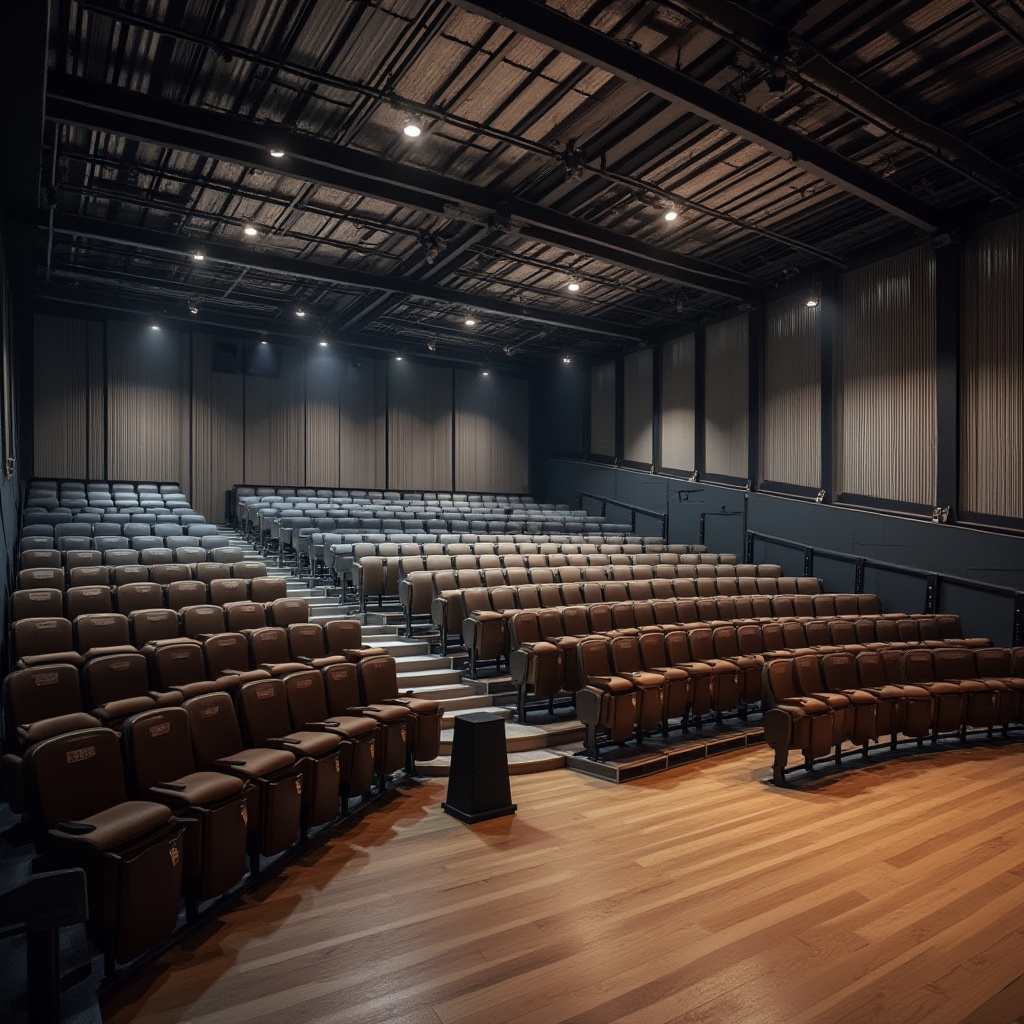 Prompt: Modern auditorium interior, corrugated iron ceiling, industrial chic, silver metallic tone, geometric pattern, sleek lines, minimalist design, spotlights, rows of seats, wooden floor, acoustic panels, soundproofing material, urban atmosphere, dramatic shadows, low-key lighting, cinematic composition, 3/4 view, warm color palette.