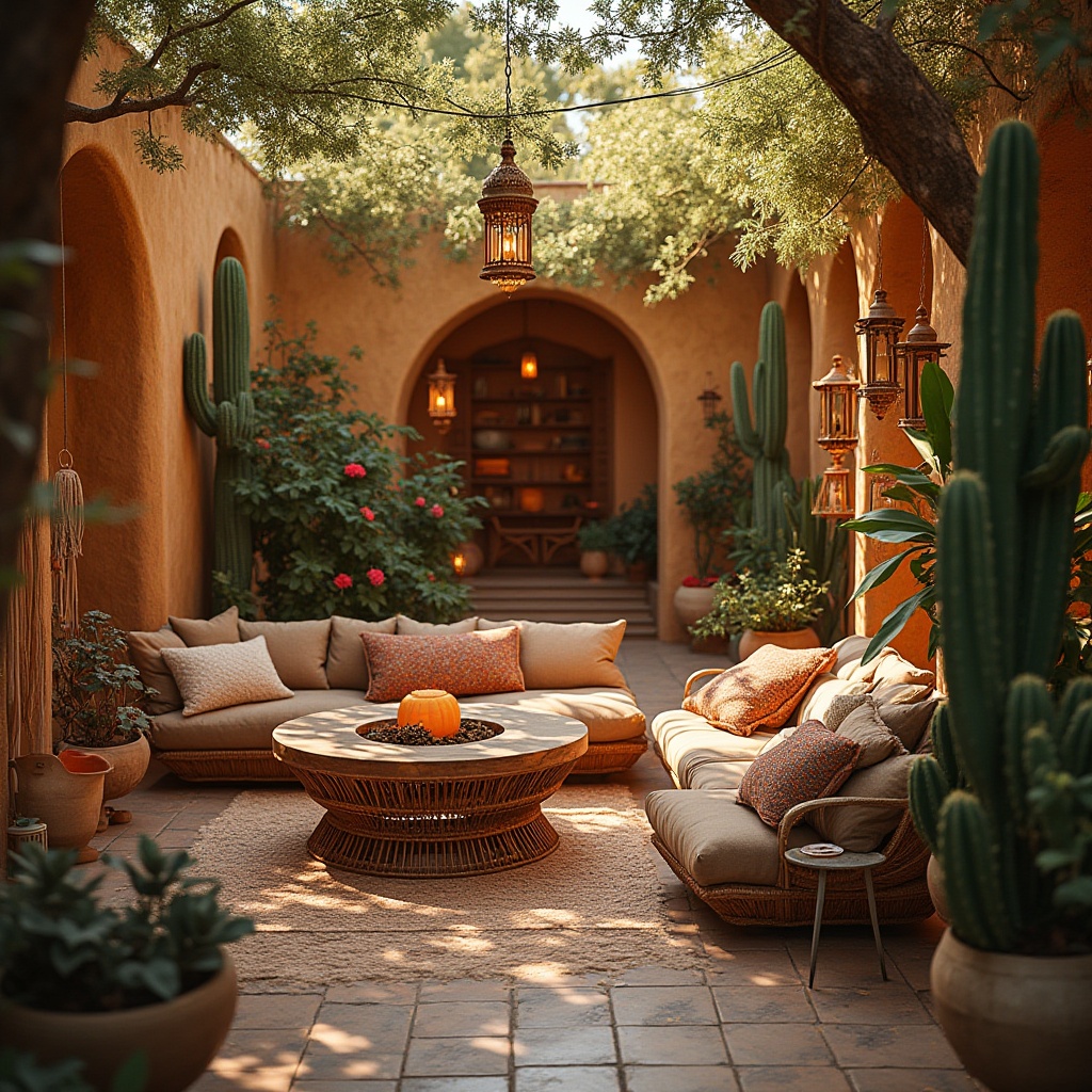 Prompt: Cozy oasis, harsh desert environment, sandy dunes, cacti, vibrant colorful flowers, wooden Moroccan lanterns, woven rattan furniture, plush cushions, warm golden lighting, intricate tile patterns, woven textiles, rustic stone walls, ambient soft music, refreshing misting system, lush greenery, inviting atmosphere, serene composition, 3/4 view, natural warm colors.