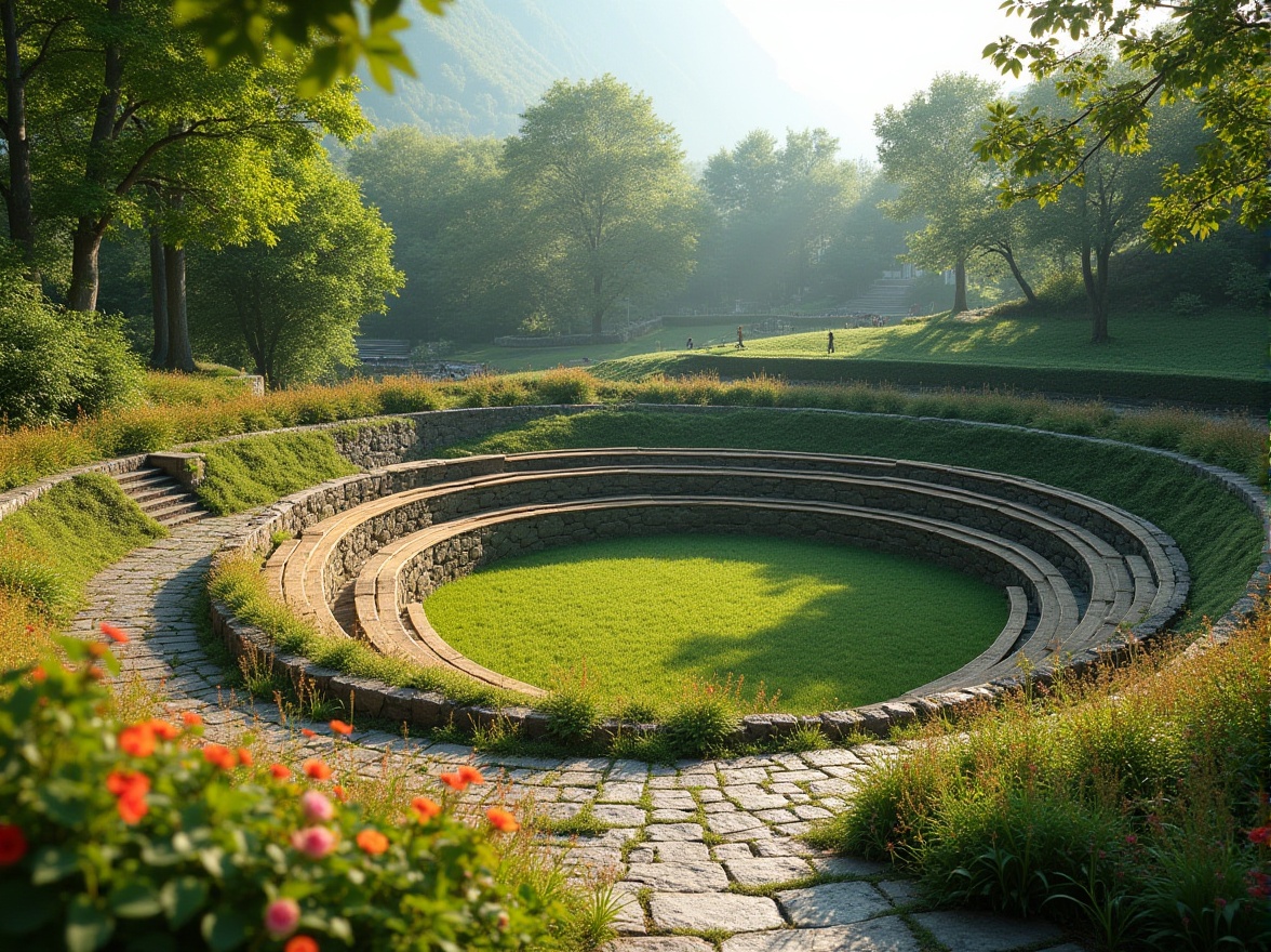 Prompt: Natural amphitheater, integrated with grassland, gentle slopes, green grass, wildflowers blooming in vibrant colors, wooden benches blended with natural scenery, stone paved paths, curved lines, harmonious blending of architecture and nature, warm sunlight, soft shadows, panoramic view, 3/4 composition, ambient light, cinematic atmosphere.