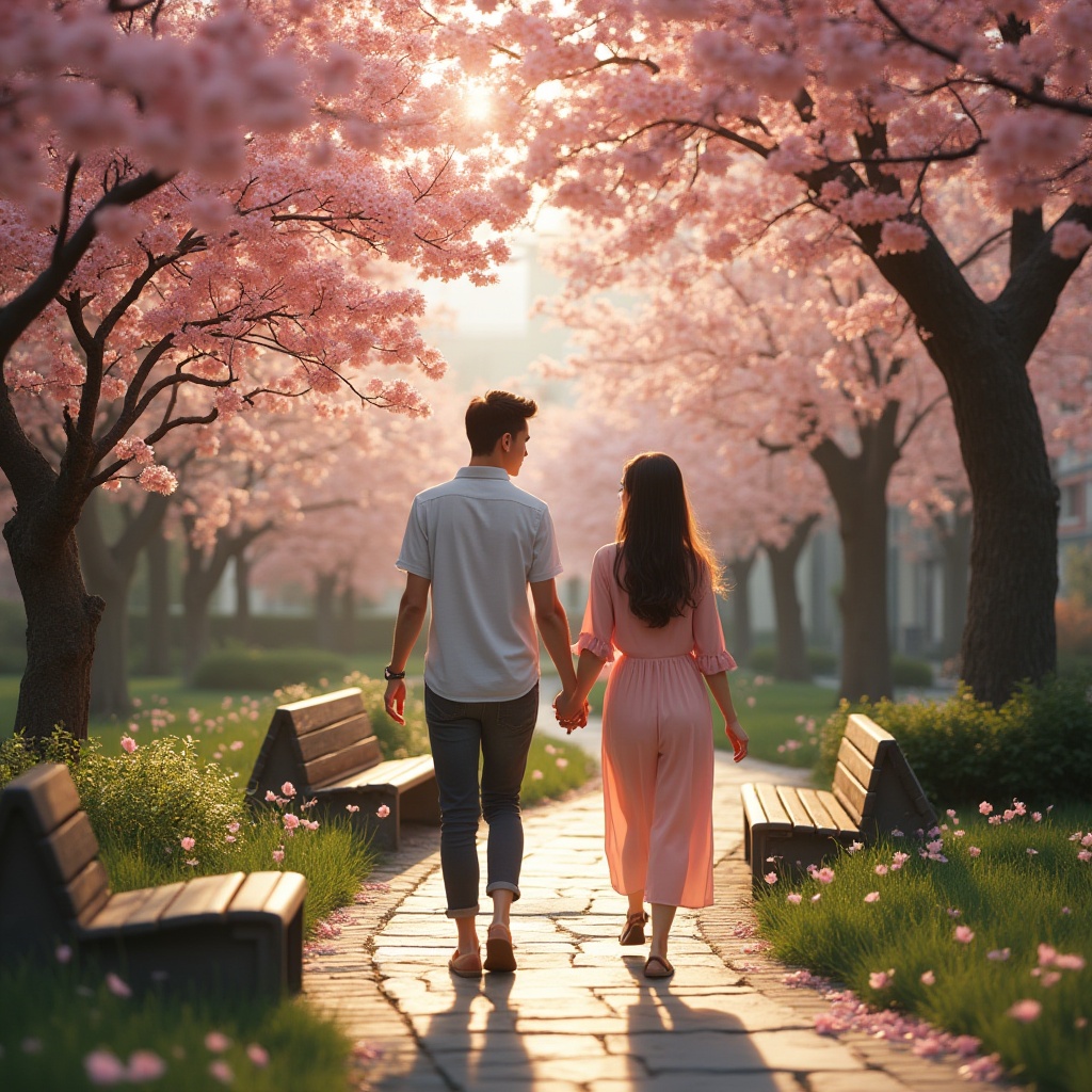 Prompt: Romantic campus scene, beautiful cherry blossom trees, vibrant flowers blooming around the courtyard, lush greenery surrounding the buildings, a couple walking hand in hand, gentle sunlight filtering through the leaves, soft warm lighting, peaceful atmosphere, 3/4 composition, shallow depth of field, warm color tone, cinematic mood, gentle breeze rustling the trees, stone pathways winding through the campus, old wooden benches beneath the blossoms, soft focus on the couple's faces, facial close-up, tender moment.