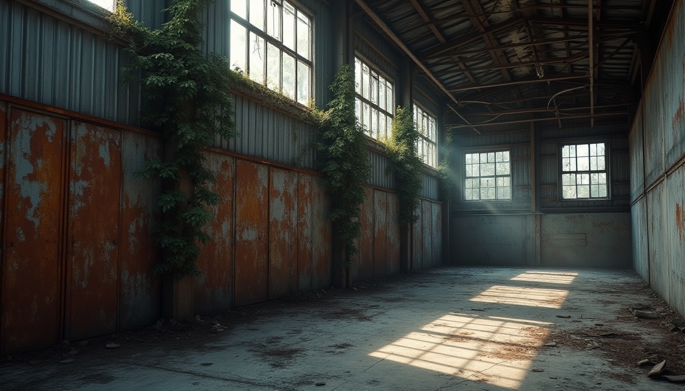 Prompt: Modern industrial architecture, corrugated iron wall, rusty distressed texture, metallic sheen, urban cityscape background, abandoned factory setting, broken windows, ivy vines crawling up walls, worn concrete floor, steel beams, dim natural light, atmospheric mist, cinematic composition, low-angle shot, gritty realism, vintage camera lens effect.