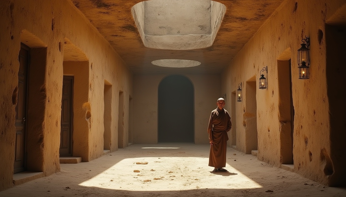 Prompt: Rugged monastery, brutalist architecture, sandy beige walls, coarse stone textures, weathered wooden doors, metal lanterns, dimly lit corridors, dramatic shadows, solitary monk figure, worn sandals, simple brown robes, dusty atmosphere, warm soft light, high contrast, cinematic composition, 3/4 view, low-angle shot.