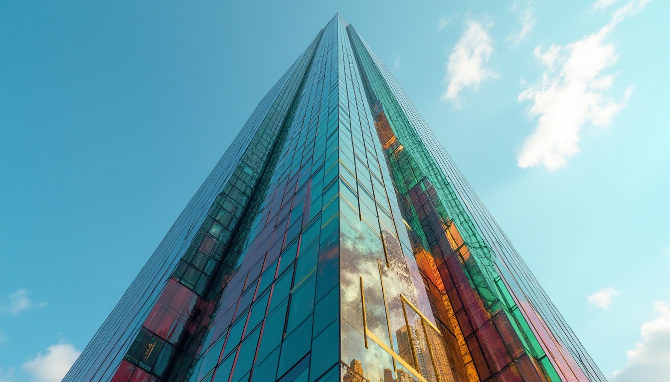 Prompt: Modern skyscraper, colored glass façade, vibrant turquoise, emerald green, crimson red, amber yellow, reflective surface, geometric patterns, angular lines, urban landscape, cityscape, metropolitan area, financial district, daytime, clear blue sky, few white clouds, dramatic lighting, cinematic composition, 3/4 view, low-angle shot, glass material, sleek texture, futuristic structure.