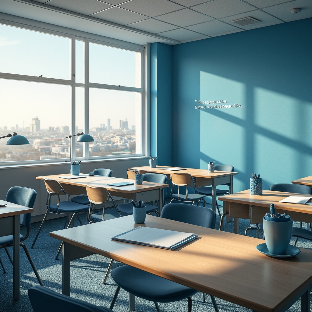 Prompt: Educational space, blue accent wall, calm atmosphere, wooden tables, ergonomic chairs, blue pen holders, inspirational quotes, floor lamps with blue shades, soft carpet, minimalistic decorations, panoramic view of a cityscape, afternoon sunlight, gentle highlights on the furniture, shallow depth of field, harmonious color scheme, educational tools scattered around, teacher's desk in the corner, blue folders and notebooks, students engaged in discussion, natural light pouring through large windows.