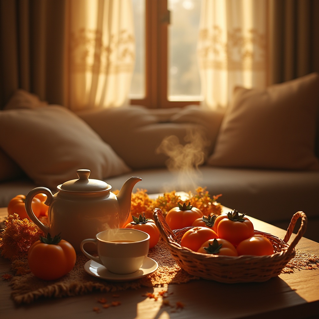 Prompt: Cozy autumn scene, persimmon orange color palette, warm soft lighting, wooden table setting, vintage ceramic teapot, steaming hot tea, delicious sweet persimmon fruits, woven basket, comfortable plush couch, soft cushions, family gathering, grandmother's gentle smile, loving atmosphere, rustic country home, golden hour, afternoon sunbeam, natural texture, warm fabric, traditional lace curtains, peaceful ambiance.