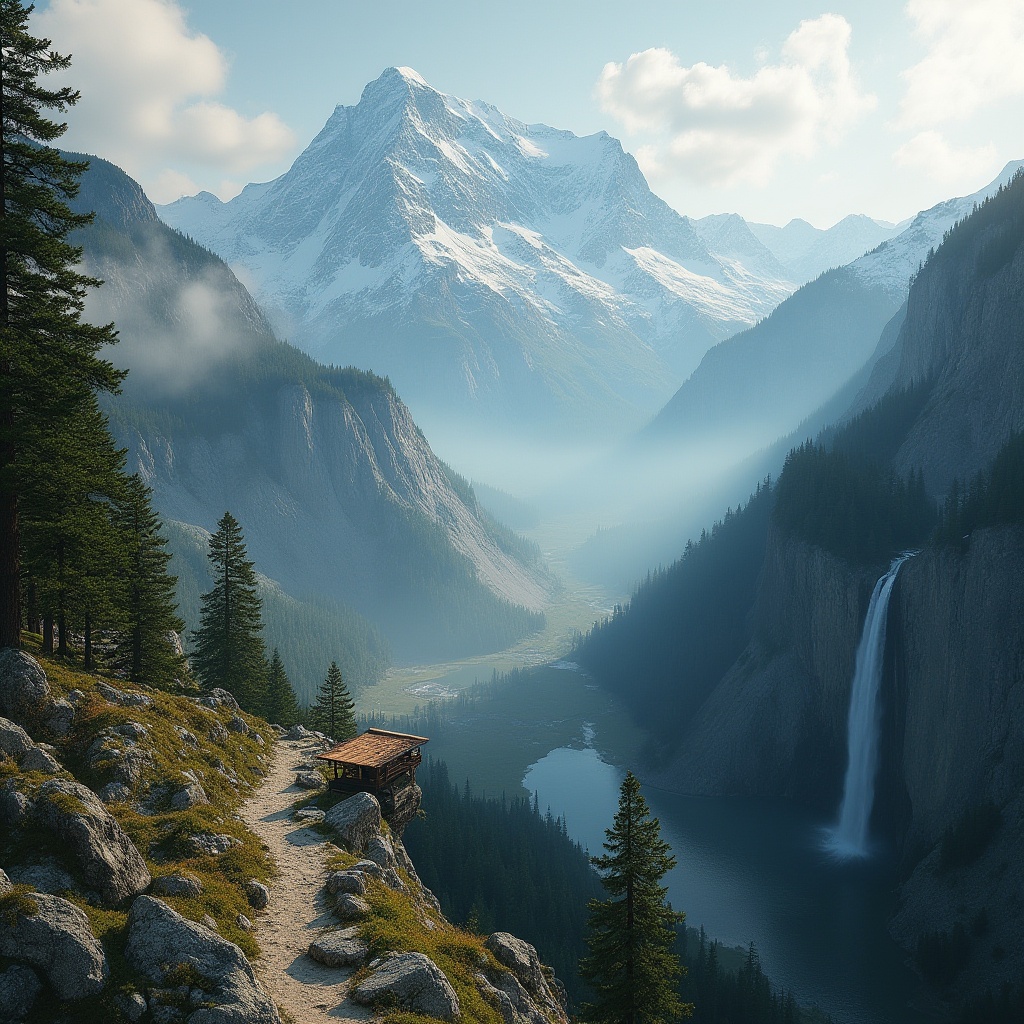 Prompt: Mountainous environments, rugged terrain, snow-capped peaks, misty atmosphere, evergreen trees, rocky cliffs, steep slopes, winding mountain roads, scenic lookout points, rustic wooden signs, majestic waterfalls, serene lakes, morning fog, warm sunlight filtering through trees, dynamic composition, aerial perspective, cinematic lighting, 4K resolution.