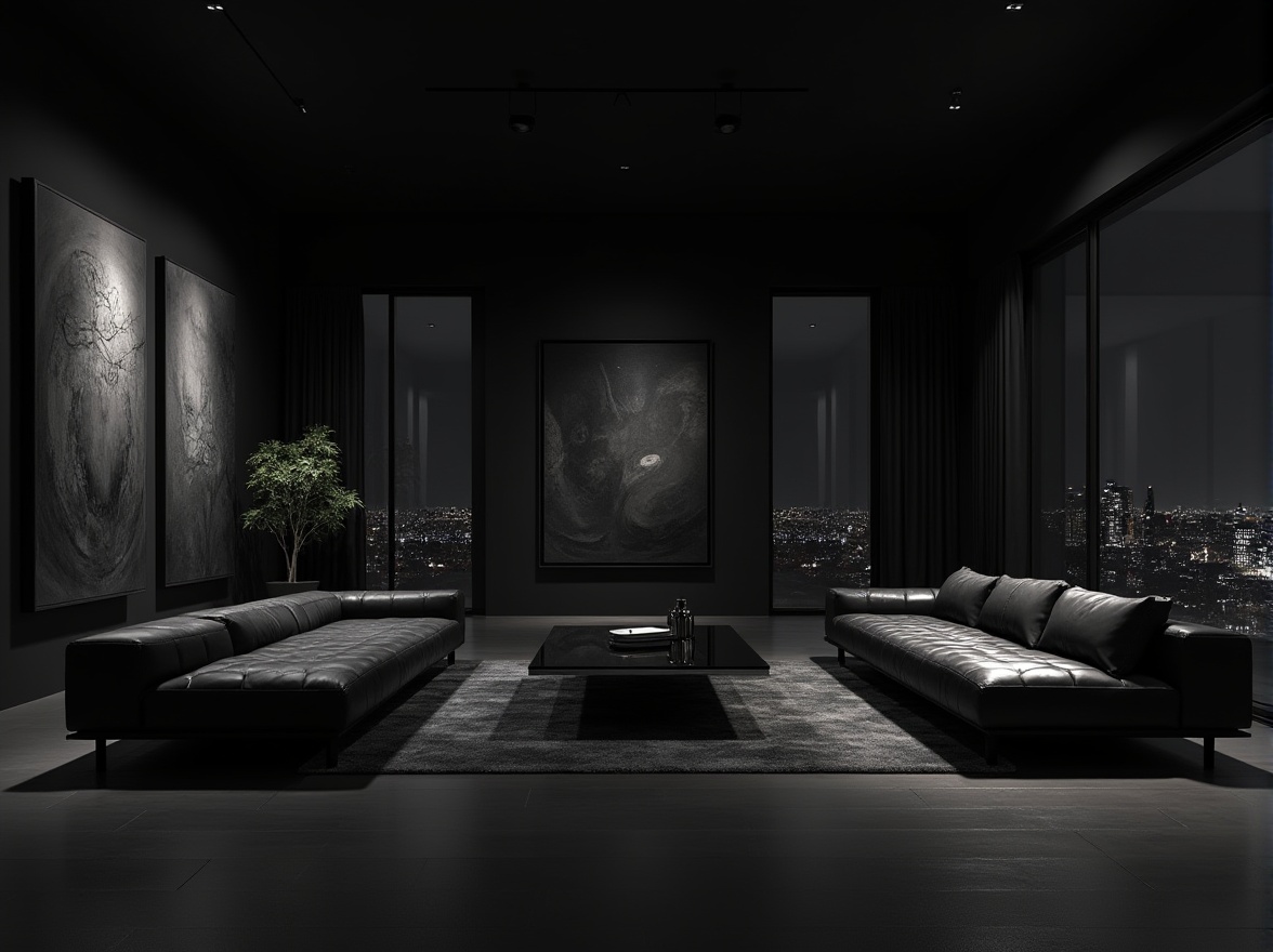 Prompt: Dark themed, modern minimalist interior design, black walls, floor, furniture, matte finish, sleek lines, luxury ambiance, low-key lighting, dramatic shadows, abstract art pieces, monochromatic color scheme, metallic accents, glass coffee table, leather sofa, cityscape view, nighttime, urban feel, cinematic mood, high contrast, deep depth of field.