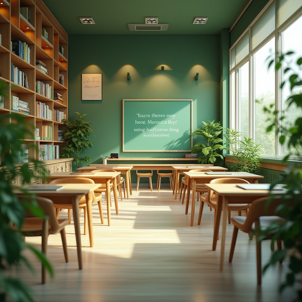 Prompt: Educational design, green color scheme, calming atmosphere, modern minimalist interior, wooden desks, ergonomic chairs, green plants, natural light, floor-to-ceiling windows, motivational quotes on walls, inspirational posters, open shelves with books, warm lighting, cozy reading nook, circular tables for group study, interactive whiteboard, educational technology, laptops and tablets, subtle texture, calm ambiance, 3/4 composition, soft focus, warm color tone.