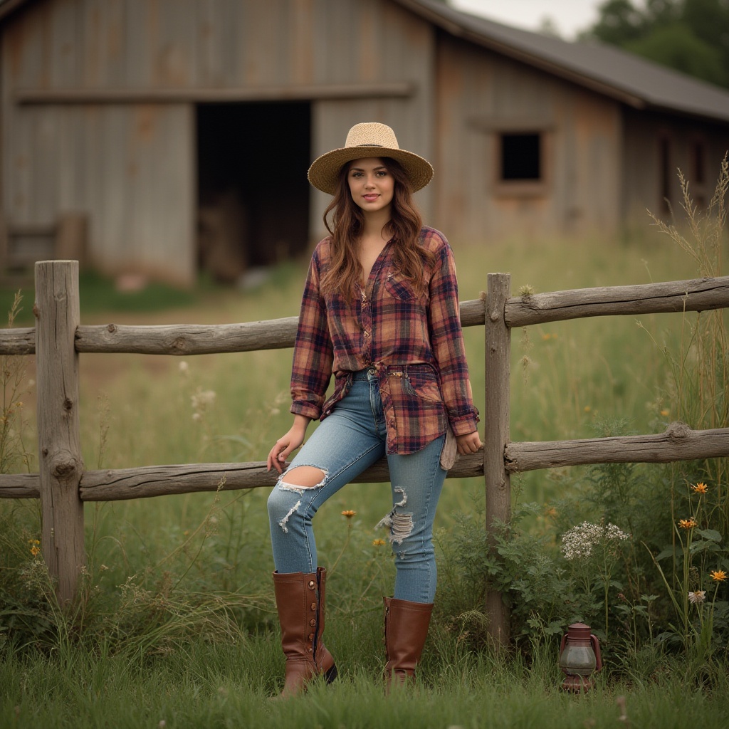 Prompt: Rural venue, khaki color tone, earthy atmosphere, natural scenery, wooden fence, green grass, wildflowers, rustic barn, vintage window, old lantern, relaxed pose, casual attire, plaid shirt, ripped jeans, brown boots, straw hat, gentle smile, soft focus, warm lighting, late afternoon, serene ambiance.