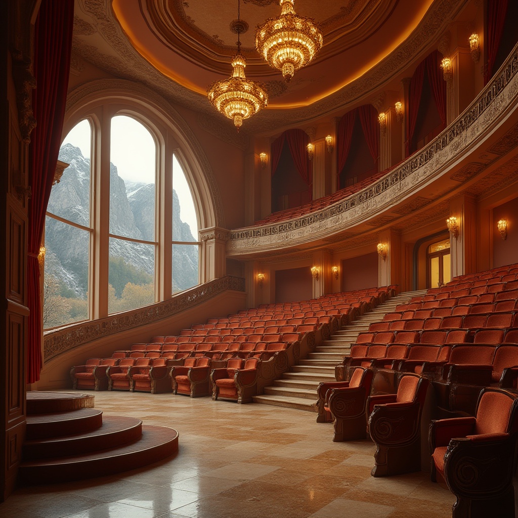 Prompt: Mountainous auditorium, grand staircase, Sienna color walls, warm beige stone floors, wooden acoustic panels, curved rows of seats, golden lighting fixtures, majestic chandeliers, red velvet curtains, ornate balcony railings, arched windows, snow-capped mountain views, misty atmosphere, soft evening light, cinematic composition, depth of field, realistic textures.