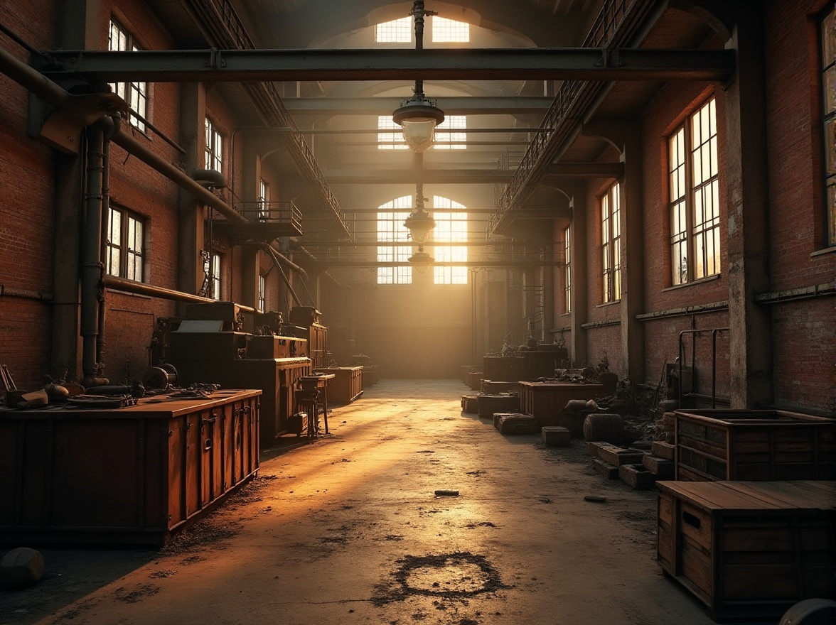 Prompt: Industrial scenery, wheat color tone, warm lighting, abandoned factory, old brick walls, rusty metal pipes, worn-out concrete floors, wooden crates, scattered tools, vintage machinery, dusty windows, metal stairs, catwalks, urban decay, atmospheric perspective, cinematic composition, high contrast, shallow depth of field, warm ambient light, golden hour, smoke and fog effects.