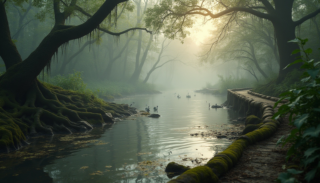 Prompt: Wetland ecosystem, misty atmosphere, serene natural habitat, murky waters, tangled aquatic plants, twisted tree roots, moss-covered stones, wooden boardwalk, winding river, soft fog rolling in, warm sunlight filtering through, lush green vegetation, varied waterfowl, ripples on the water surface, subtle ambient lighting, shallow depth of field, cinematic composition, 3/4 view, natural colors, realistic textures.