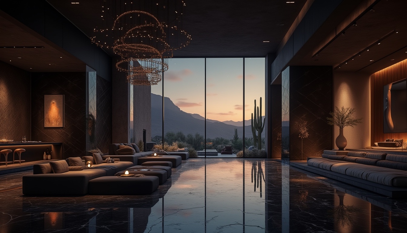 Prompt: Desert hotel, modern architecture, bold black color palette, sleek lines, geometric shapes, luxurious lobby, grand chandelier, black marble floor, minimalist decor, low seating, abstract art pieces, dramatic lighting, warm ambiance, golden hour, vast desert landscape, cacti silhouette, starry night sky, panoramic view, cinematic composition, high contrast, rich textures.