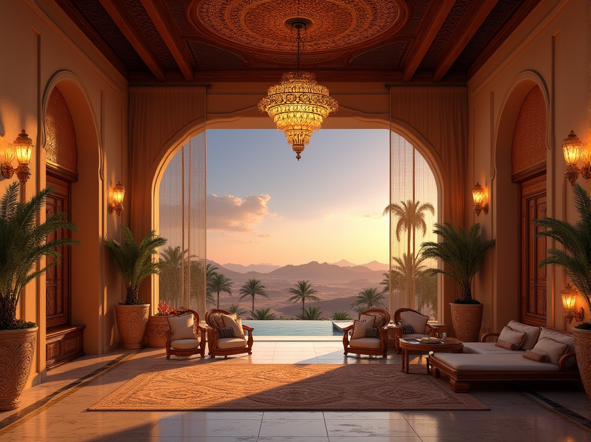 Prompt: Desert hotel, luxurious interior, grand lobby, high ceiling, Arabic patterns, intricate details, gold accents, majestic chandelier, lavish furniture, regional architecture, adobe-style walls, wooden beams, ornate doors, warm lighting, ambient atmosphere, evening time, sunset view, vast desert landscape, distant sand dunes, cacti, palm trees, outdoor pool, lounge chairs, refreshing cocktails, Arabian nights, starry sky, romantic ambiance.