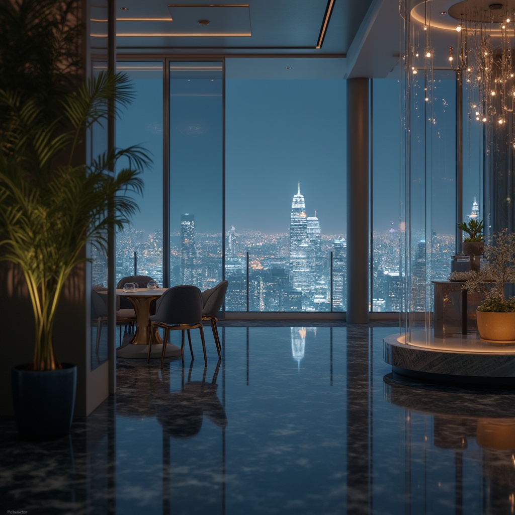 Prompt: Transparent glass, reflective surface, modern design element, sleek lines, minimalist aesthetic, luxurious ambiance, high-rise building, cityscape, nighttime view, bright lights reflection, subtle gradient, metallic frames, polished edges, smooth texture, delicate patterns, ornate details, grand chandelier, sophisticated atmosphere, soft focus, shallow depth of field, cinematic composition, 4K resolution.