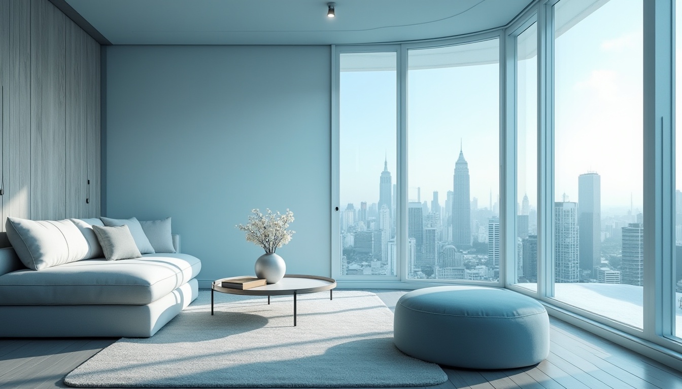 Prompt: Calming atmosphere, sky blue dominant color scheme, modern minimalist design, sleek lines, subtle gradient effect, gentle curves, soft drop shadows, 3/4 composition, warm lighting, natural fabric textures, cozy living room setting, plush sofa, coffee table, vase with white flowers, large windows overlooking the cityscape, panoramic view.