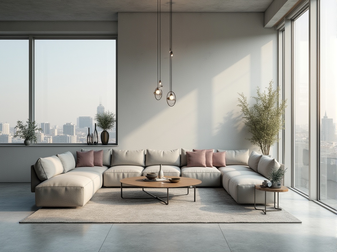 Prompt: Modern interior, light gray walls, sleek lines, minimalist decor, floor-to-ceiling windows, urban city view, concrete floor, low-profile furniture, geometric shapes, metallic accents, industrial chic, Scandinavian style, softbox lighting, 3/4 composition, shallow depth of field, warm ambient glow.