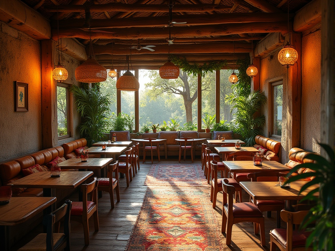 Prompt: Savanna design, eclectic style pub, warm atmospheric lighting, vintage wooden tables, mismatched chairs, colorful rugs, lively greenery, wicker lanterns, natural stone walls, exposed wooden beams, African-inspired patterned fabrics, earthy tone color palette, lush potted plants, distressed wood accents, rattan ceiling fans, ornate metal decorations, worn leather sofas, richly textured throw blankets, scenic views of savannas, sunny afternoons, warm golden light, 3/4 composition, soft focus background.