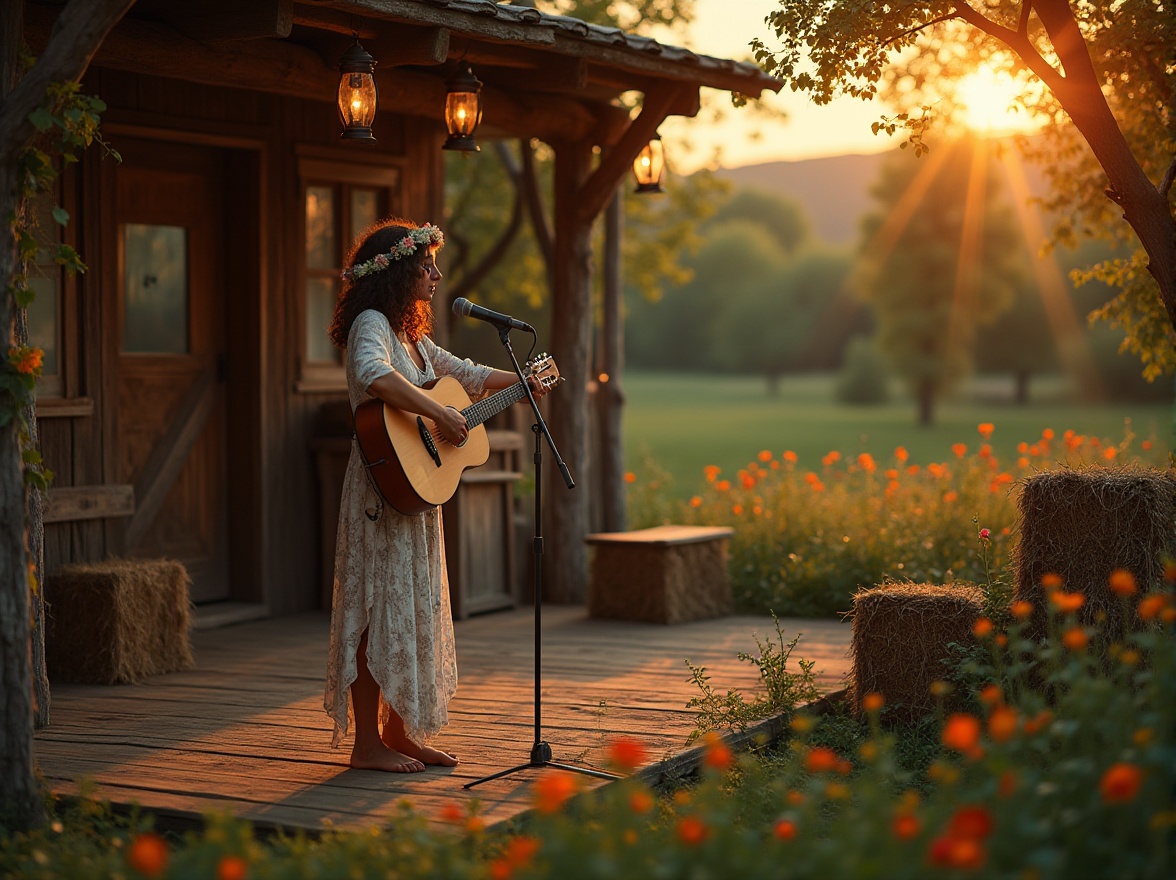 Prompt: Rural concert house, evening scene, warm sunset glow, wooden stage surrounded by lush greenery, wildflowers blooming in vibrant colors, vintage lanterns hanging from tree branches, rustic wooden benches and hay bales for seating, acoustic guitar player performing on stage, mature lady with curly brown hair and flower crown, flowy bohemian dress, bare feet, playing harmonica, soft focus on the performer, blurred background with trees and hills, warm ambient lighting, cinematic composition, depth of field, natural textures, earthy tones.