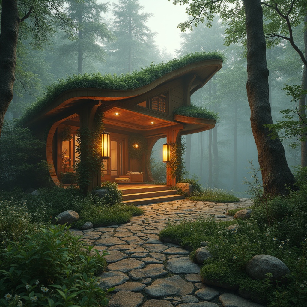 Prompt: Forest-inspired pavilion, modern architecture, natural materials, wooden structure, curved lines, green roof, vines crawling up pillars, lantern-style lighting, misty atmosphere, fog rolling in, surrounded by tall trees, forest floor, wildflowers blooming, moss-covered stones, winding path leading to entrance, warm golden light, soft focus, ethereal ambiance, cinematic composition.