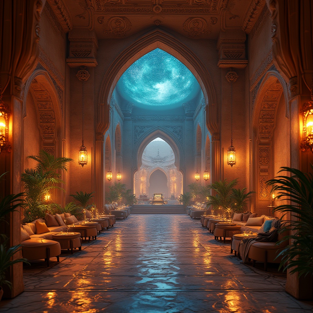 Prompt: Mystical desert-inspired nightclub, intricate stone carvings, golden lanterns, crescent moon shape entrance, Arabian-style arches, ornate mirrors, luxurious velvet curtains, sparkling chandeliers, starry night sky projection on ceiling, sandy dunes patterned floor, exotic plants, cacti, palm trees, VIP lounge with plush couches, metallic accents, neon lights, strobe lights, DJ booth shaped like an ancient temple, dramatic fog effects, warm orange and blue ambient lighting, 3/4 composition, low-angle shot, cinematic atmosphere.