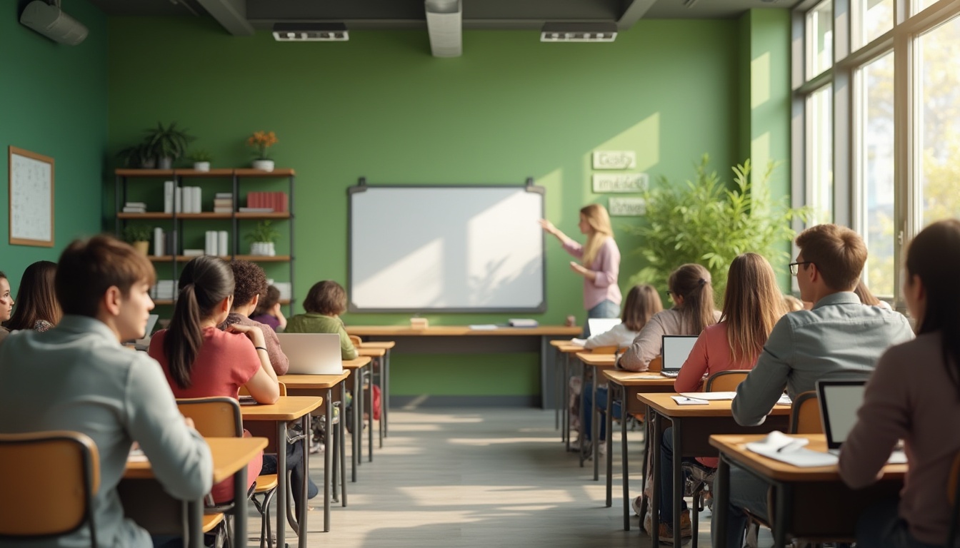 Prompt: Educational setting, modern classroom, green walls, wooden tables, ergonomic chairs, abundant natural light, plants on shelves, inspirational quotes, whiteboard, colorful pens, books stacked, calm atmosphere, soft focus, shallow depth of field, warm ambient lighting, 3/4 composition, gentle facial expressions, students engaged in discussion, teacher guiding, learning materials spread out, laptops open, note-taking, collaborative learning, harmonious color palette.