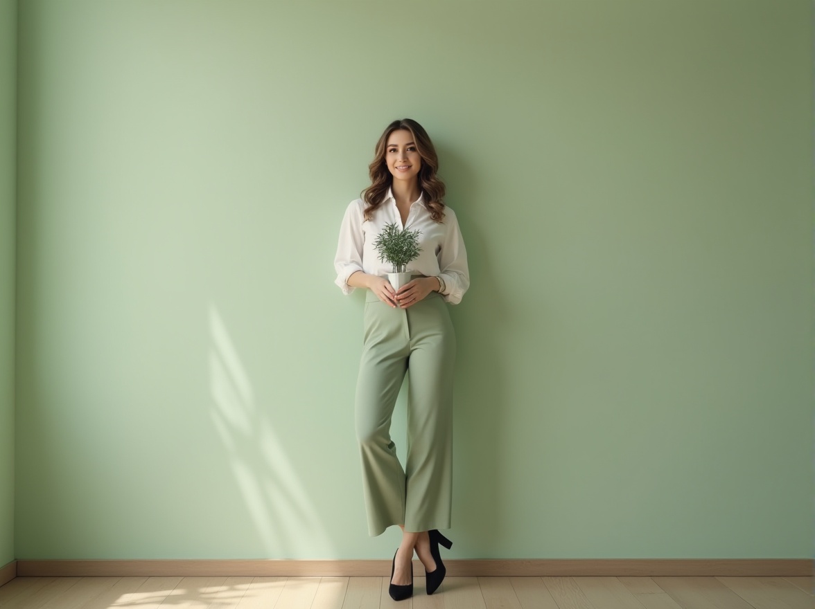 Prompt: light green walls, minimalist modern interior, elegant lady, 25yo, standing, smiling, natural makeup, wavy light brown hair, white shirt, high-waisted light green pants, black heels, holding a small potted plant, gentle fingers, subtle lighting, warm atmosphere, blurred background, shallow depth of field, pastel color tone, soft focus, 3/4 composition, natural scenery.