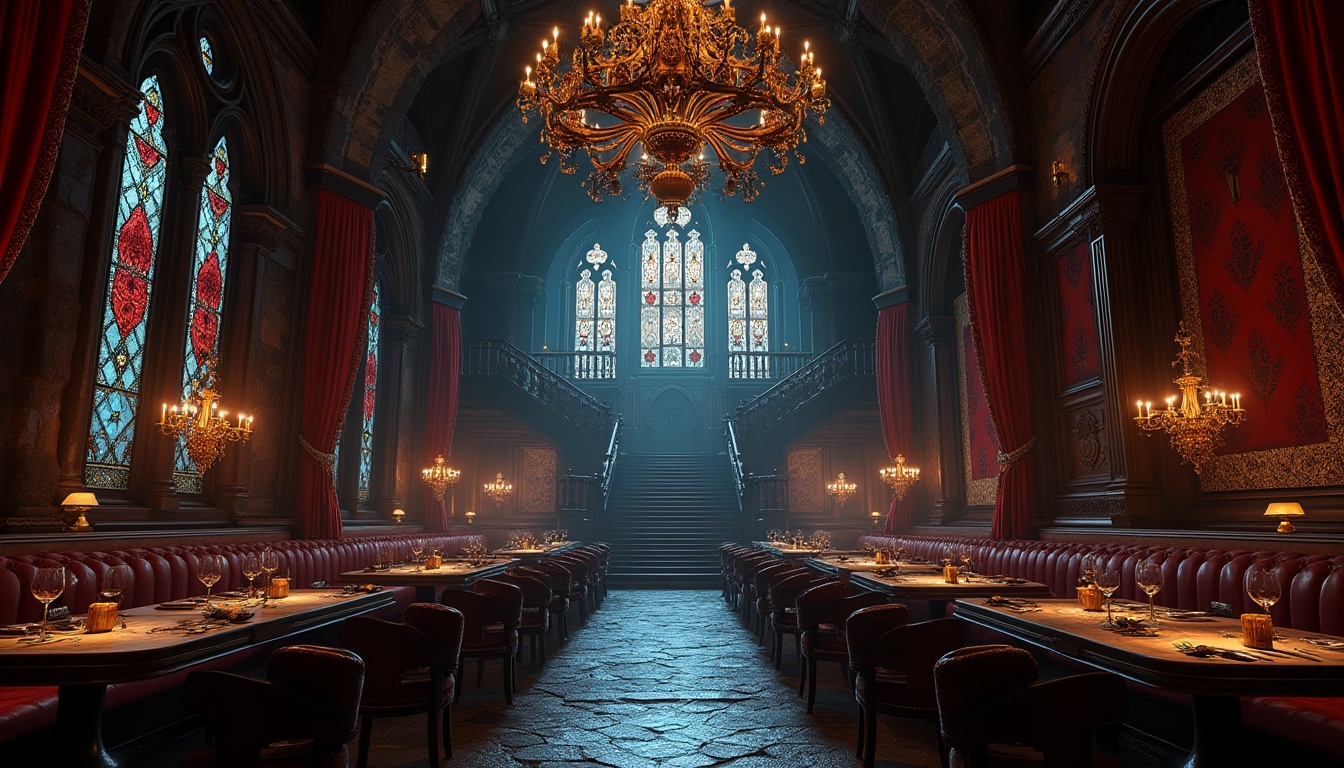 Prompt: Dark, luxurious Gothic-style restaurant, grand chandelier, intricate stone carvings, mysterious stained glass windows, ornate wooden furnishings, velvet drapes, lavish red curtains, medieval-inspired tapestries, eerie candelabras, mysterious artifacts, ancient tomes, mystical symbols, dimly lit, atmospheric shadows, dramatic arches, grand staircases, luxurious booths, heavy metal doors, mysterious corridors.