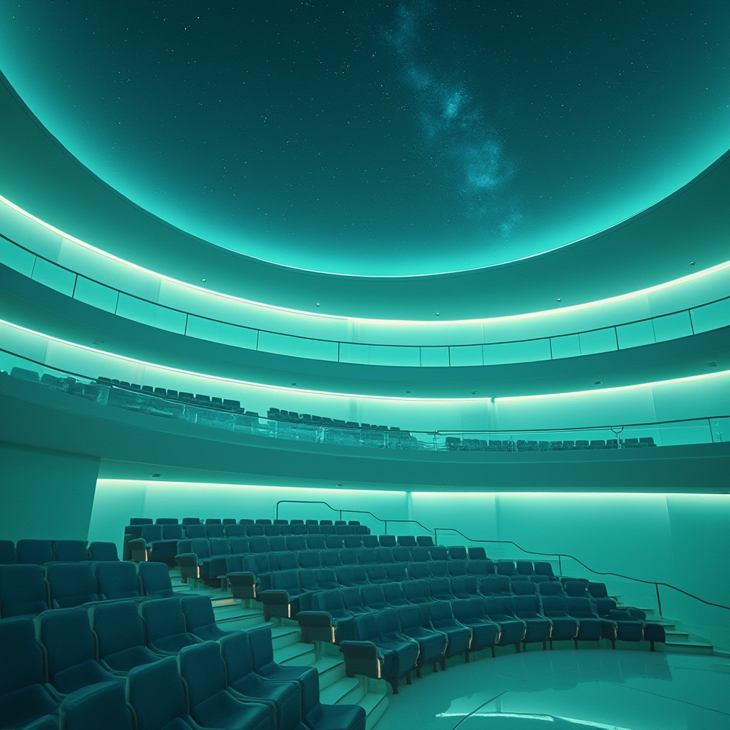 Prompt: Calming planetarium interior, mint green walls, starry night sky ceiling, dark blue seats, circular rows, gentle slope, ambient soft lighting, 3/4 composition, low angle shot, futuristic architecture, sleek lines, minimal decor, metallic accents, glass railing, subtle gradient effect, pastel color scheme, relaxing atmosphere, celestial bodies projection, educational environment, astronomical instruments display.