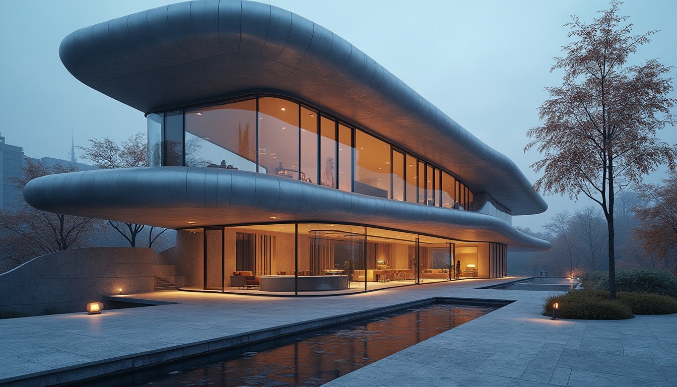 Prompt: Modern architecture, futuristic building, sleek lines, metallic materials, Lavacrete accents, silver-gray tones, geometric patterns, floor-to-ceiling windows, minimalist decor, urban cityscape, evening lights, reflections on glass surfaces, 3/4 composition, low-angle shot, dramatic lighting, high-contrast colors.