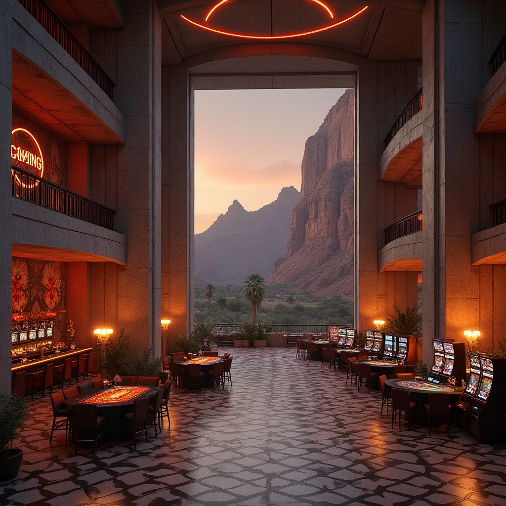 Prompt: Canyon Casino, Brutalism style, grand entrance, massive stone walls, raw concrete pillars, geometric patterned floor, dimly lit atmosphere, neon signs, retro-futuristic vibe, casino machines, poker tables, luxurious chandeliers, VIP lounge area, sleek modern bars, ambient lighting, warm color tones, 70s-80s inspired decor, bold architectural lines, abstract art pieces, panoramic view of the surrounding canyon landscape, desert plants, rocky formations, warm sunset light, dramatic shadows.