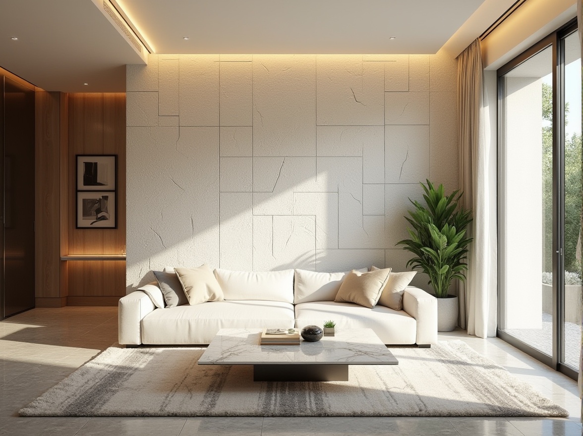 Prompt: Interior design, modern villa, luxurious living room, wall decoration, white plaster material, textured finish, rough stone-like appearance, golden lighting, warm atmosphere, comfortable couch, marble coffee table, greenery on the side, large floor-to-ceiling windows, natural light, 3/4 composition, soft focus, realistic rendering, HDR.