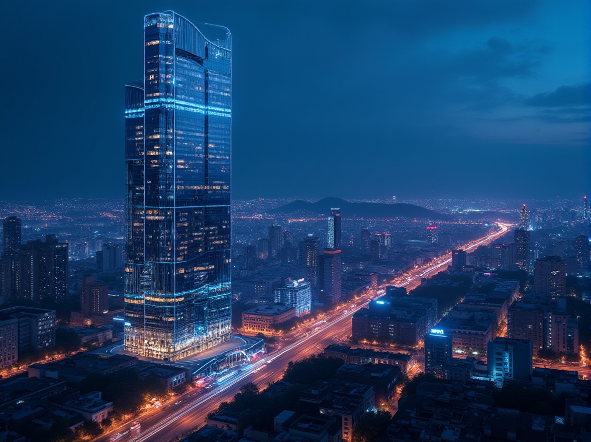 Prompt: Indigo building, modern architecture, futuristic skyscraper, night scene, cityscape, metropolitan area, sleek lines, geometric shapes, reflective glass, metallic materials, neon lights, vibrant colors, urban jungle, busy streets, distant mountains, 3/4 composition, low-angle shot, cinematic lighting, HDR, ambient occlusion.