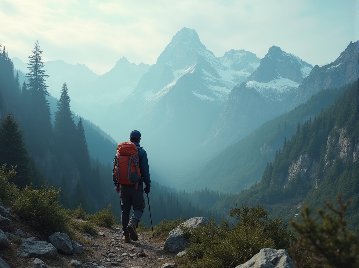 Prompt: Mountainous landscapes, rugged terrain, misty atmosphere, towering peaks, snow-capped mountains, evergreen trees, rocky cliffs, winding trails, steep slopes, adventurous hiker, backpacker, trekking poles, windbreaker jacket, hiking boots, foggy veil, dramatic lighting, cinematic composition, 3/4 view, atmospheric perspective, warm color tone, misty mood.