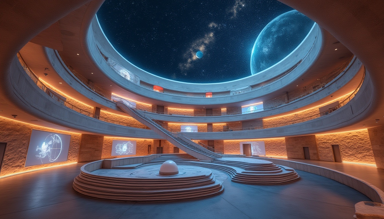 Prompt: Streamline Moderne planetarium, futuristic architecture, sandstone walls, curved lines, geometric patterns, neon lights, ambient glow, starry night sky, celestial bodies projected on dome ceiling, sleek minimalistic interior design, polished metal accents, holographic displays, interactive exhibits, circular ramps, spiral staircases, atmospheric mist, soft gradient lighting, 3/4 composition, panoramic view.