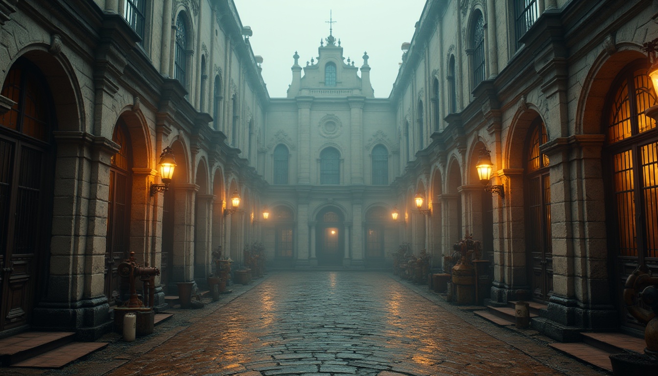 Prompt: Industrial area, Renaissance style adaptation, grandiose buildings, ornate facades, stone walls, arched windows, iron gates, vintage lamps, rusty machinery, old brick roads, foggy atmosphere, misty morning, warm golden lighting, dramatic composition, low-angle shot, symmetrical framing, HDR, cinematic mood.