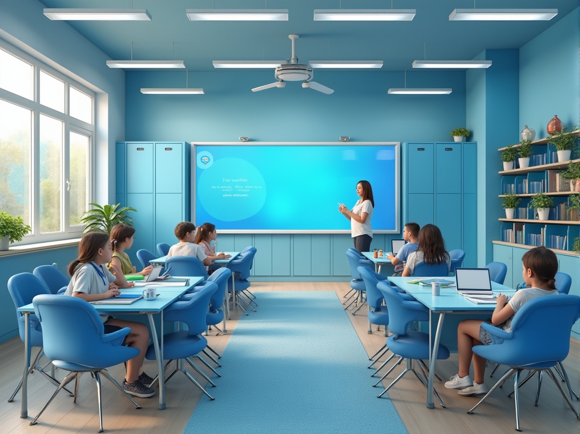 Prompt: Educational space, modern classroom, blue walls, bright blue lockers, light blue tables, blue chairs with metal legs, blue-green accent pillows, inspirational quotes on blue boards, white LED lighting, glass windows, green plants on shelves, wooden floors, soft blue carpet, teacher standing near a blue interactive board, students sitting in groups, laptops and tablets on tables, 3/4 composition, panoramic view, morning sunlight streaming through the windows, calming atmosphere, Scandinavian interior design style, minimalistic decoration.