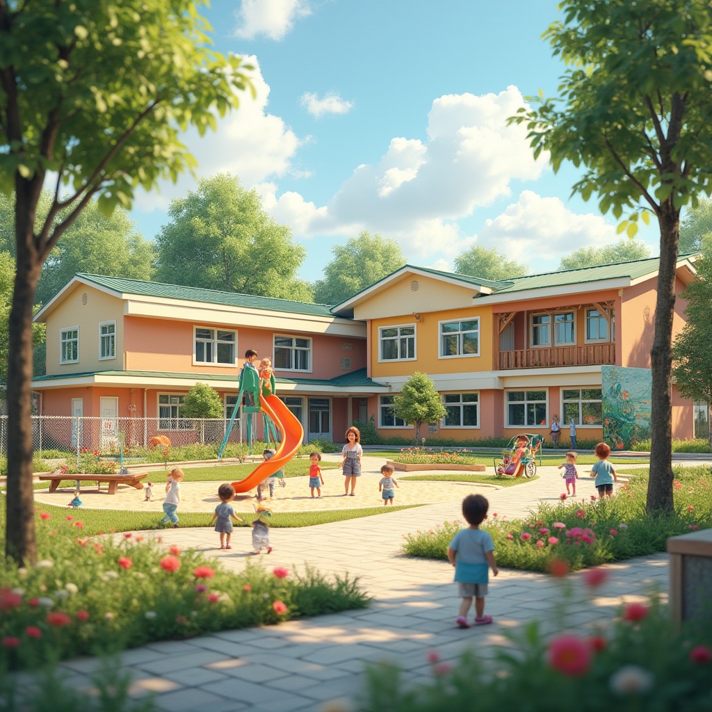 Prompt: Suburban kindergarten, colorful exterior walls, large windows, green roofs, outdoor playground, slides, swings, sandbox, flower beds, trees providing shade, vibrant murals on walls, educational signs, wheelchair-accessible ramps, safety fences, joyful children playing, gentle teachers supervising, warm natural lighting, soft focus, shallow depth of field, harmonious atmosphere.