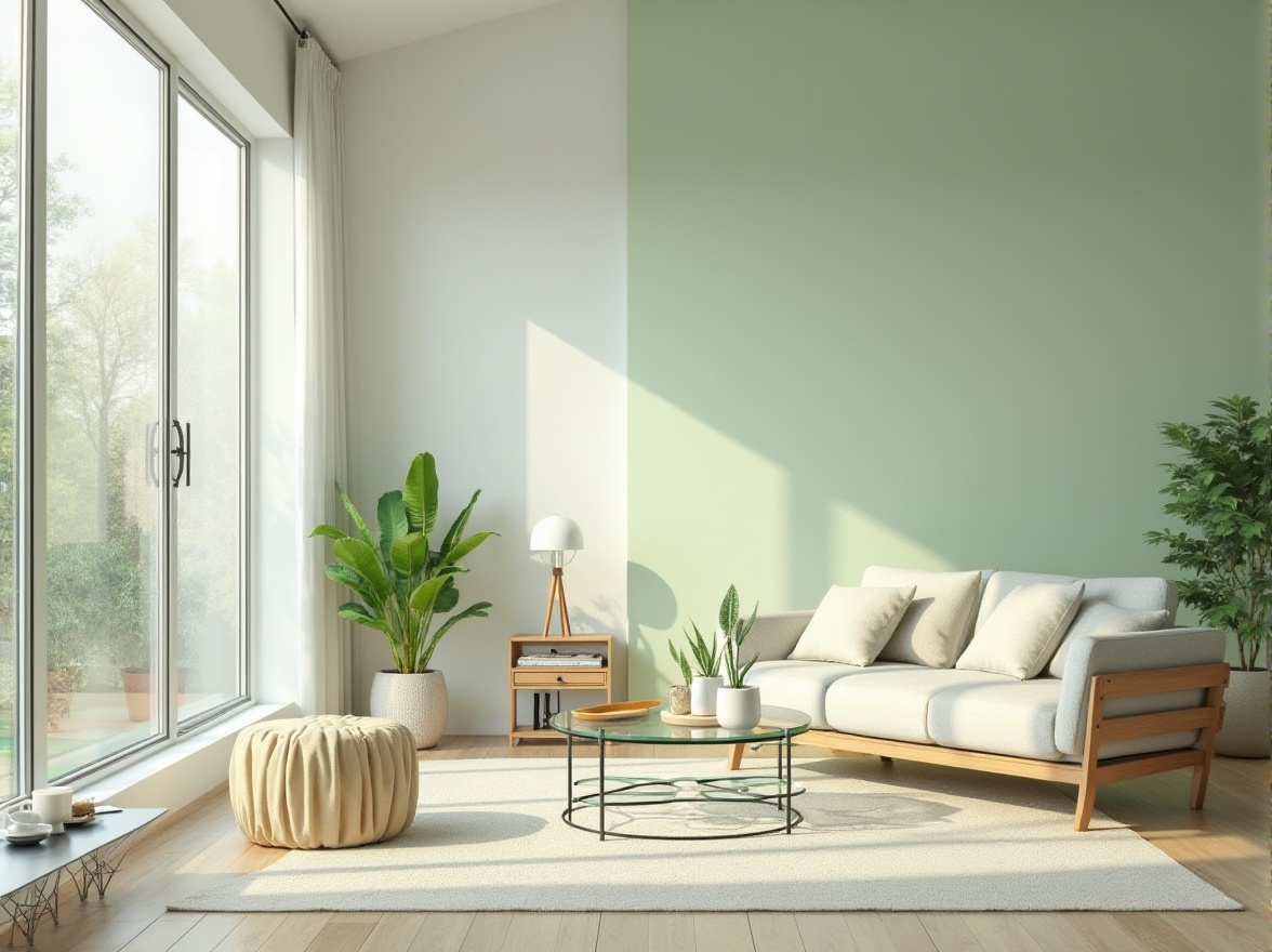 Prompt: Light green themed, modern minimalist interior design, bright natural light, floor-to-ceiling windows, white walls, light green accent wall, wooden furniture, glass coffee table, comfortable cushioned sofa, potted plants, soft carpet, simple decorative lights, calm atmosphere, Scandinavian style, 3/4 composition, warm lighting, shallow depth of field.