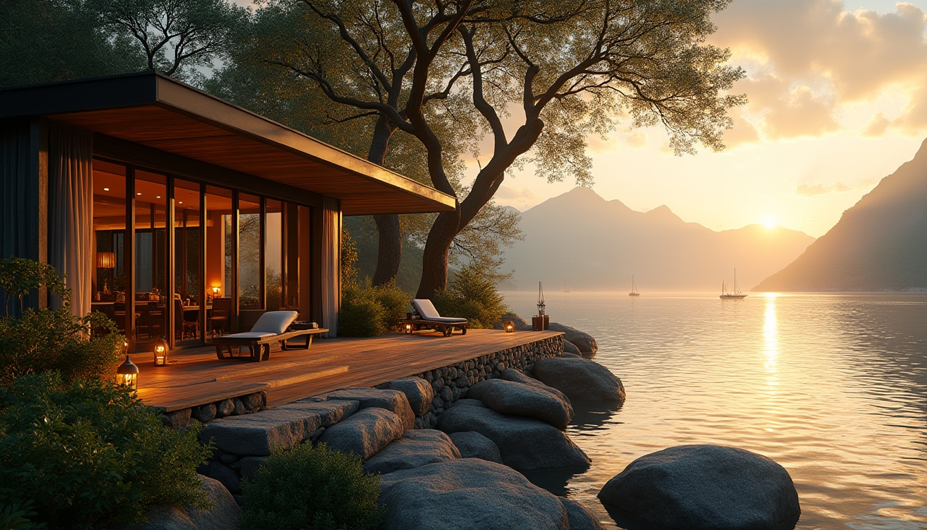 Prompt: Lakefront villa, modern architecture, harmonious integration with nature, lush greenery, overhanging trees, wooden deck, outdoor furniture, lanterns, natural stone walls, large windows, sliding glass doors, breathtaking lake view, sunset time, warm golden light, soft ripples on the water surface, sailboats in the distance, surrounding mountains, misty atmosphere, ambient lighting, cinematic composition, 3/4 camera angle, shallow depth of field.