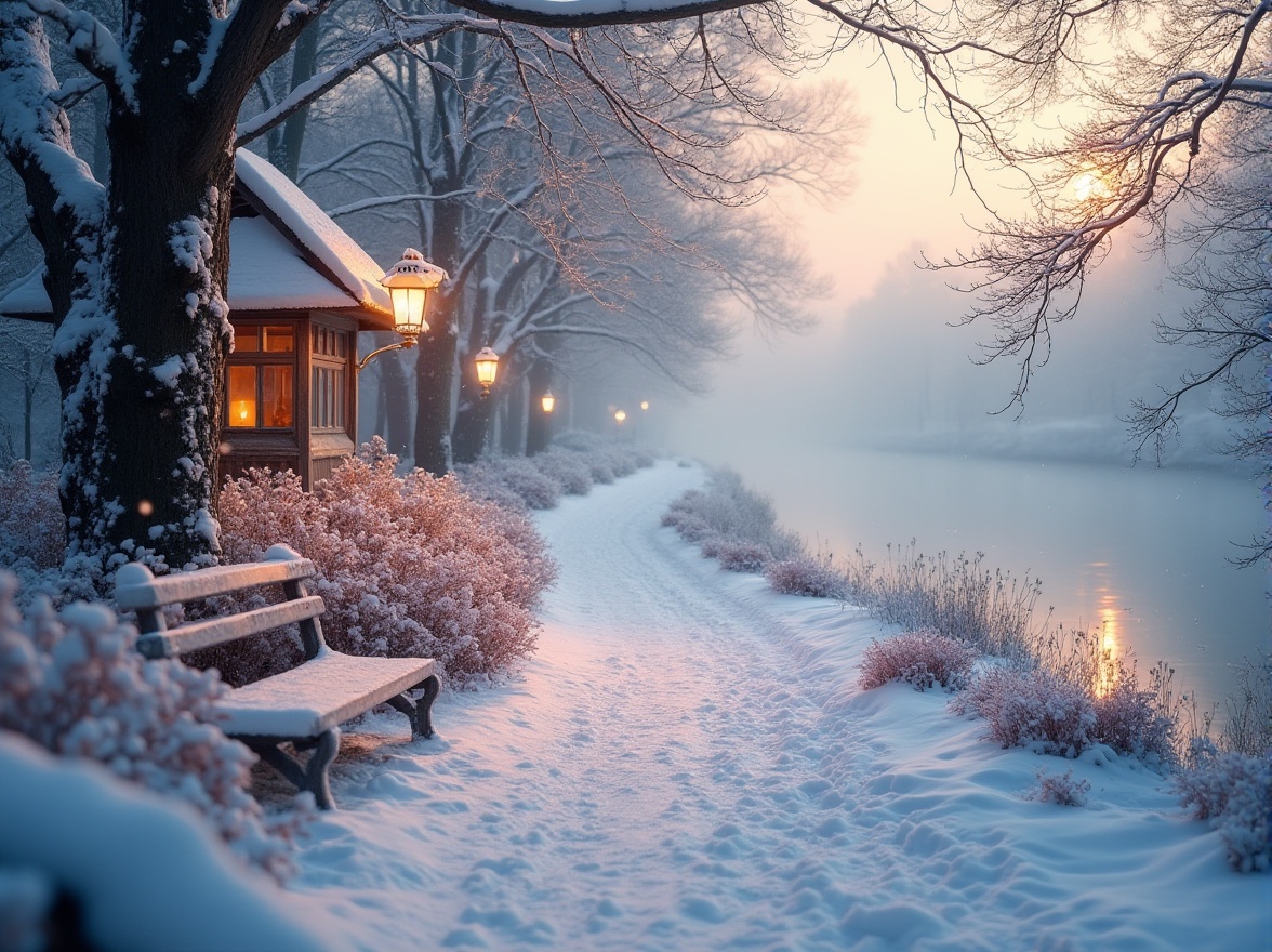 Prompt: Winter riverbank scene, snow-covered trees, gentle slope, frozen river surface, icy mist, snowy path winding along the river, snowflakes gently falling, frosty air, warm light from a distant window, wooden benches blanketed with snow, snow-covered lanterns, winter flowers blooming in subtle colors, soft focus, warm color tone, cinematic composition, shallow depth of field, peaceful atmosphere.