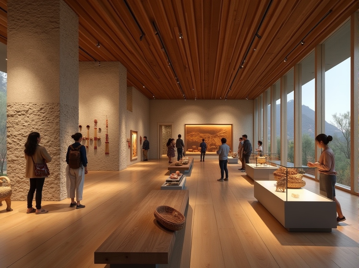 Prompt: Plateau-inspired museum interior, natural stone walls, wooden floors, earthy tones, minimalistic exhibits, glass display cases, subtle LED lighting, abstract sculptures, tribal patterned textiles, woven baskets, ambient sounds of nature, visitors observing from different angles, close-up shots of artifacts, 3/4 composition, soft focus on background, warm color palette, educational atmosphere, interactive displays, sleek wooden benches, floor-to-ceiling windows, panoramic view of surrounding landscape.