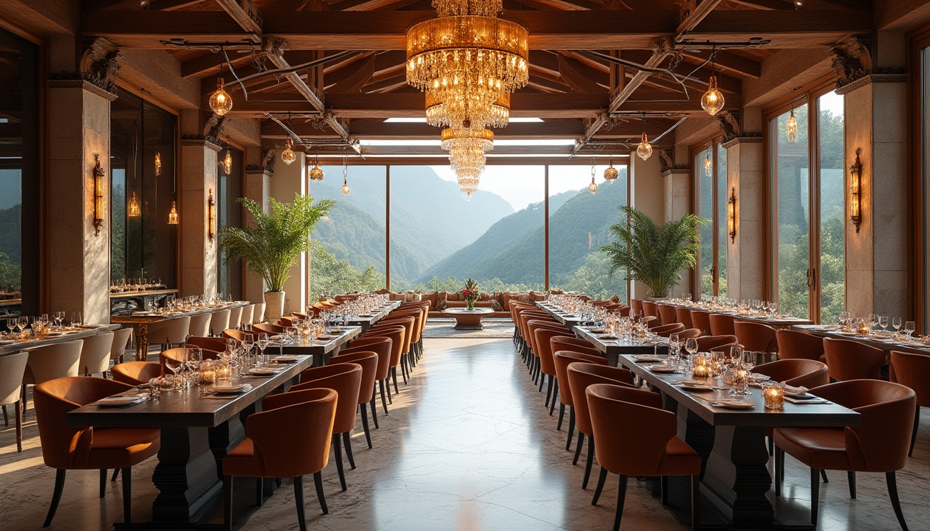 Prompt: Regionalism style dining hall, grand chandelier, transparent glass droplets, ornate metal frames, wooden tables, velvet upholstery chairs, luxurious ambiance, warm lighting, marble floors, stone walls, rustic wooden beams, floor-to-ceiling windows, panoramic view of surrounding mountains, lush greenery, soft natural light, 3/4 composition, realistic reflections.