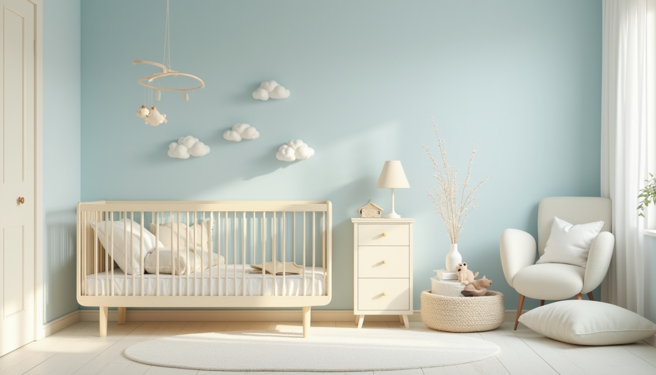 Prompt: Modern minimalist nursery, baby blue accent wall, soft cream-colored furniture, rounded edges, gentle curves, subtle texture, Scandinavian-inspired wooden crib, minimalist mobile above, few white clouds decoration, warm natural light, 3/4 composition, calm atmosphere, soft focus, pastel color palette, gentle shadows, simple lines, clutter-free space, cozy reading nook, plush area rug.